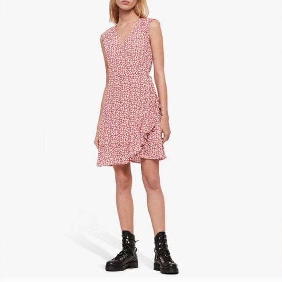 All Saints Dress Women's Medium Red Floral Krystal Wrap Mini Ruffle V Neck Large - Picture 4 of 13